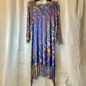 Windhorse Women Sz L Himalayan Art Wear Tie Dye Fringe Hem Tunic Dress Lagenlook